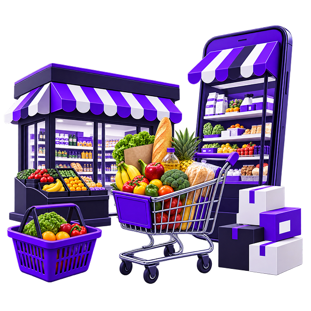Take your Grocery Store Online - a grocery shopfront beside a phone showing the same shelves as an online store