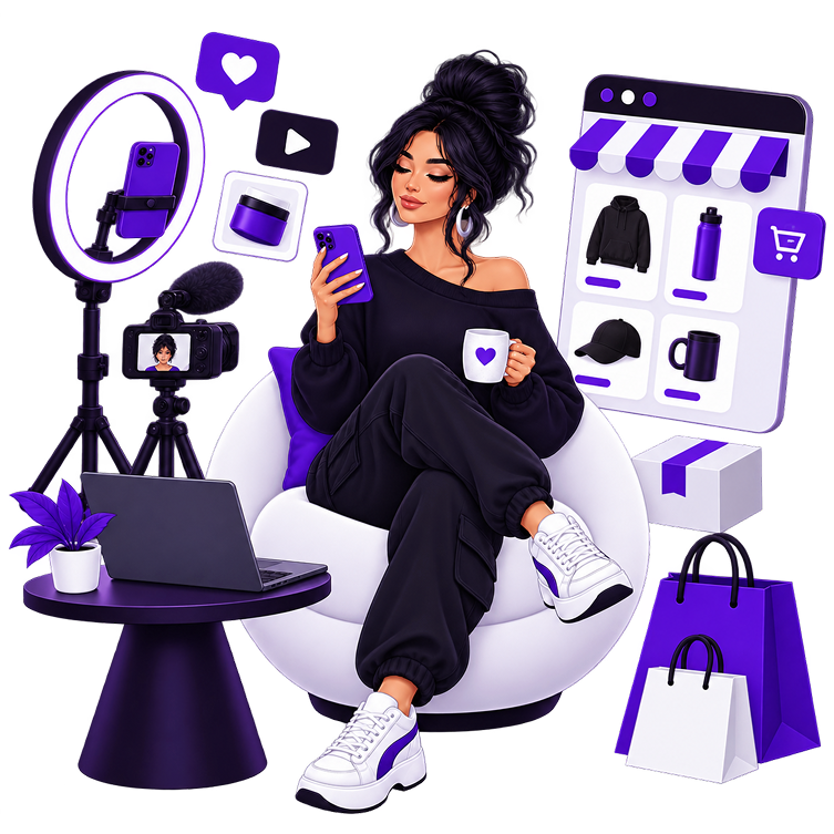 Ecommerce for Influencers - a creator filming on a phone from a chair, with a ring light, a camera on a tripod