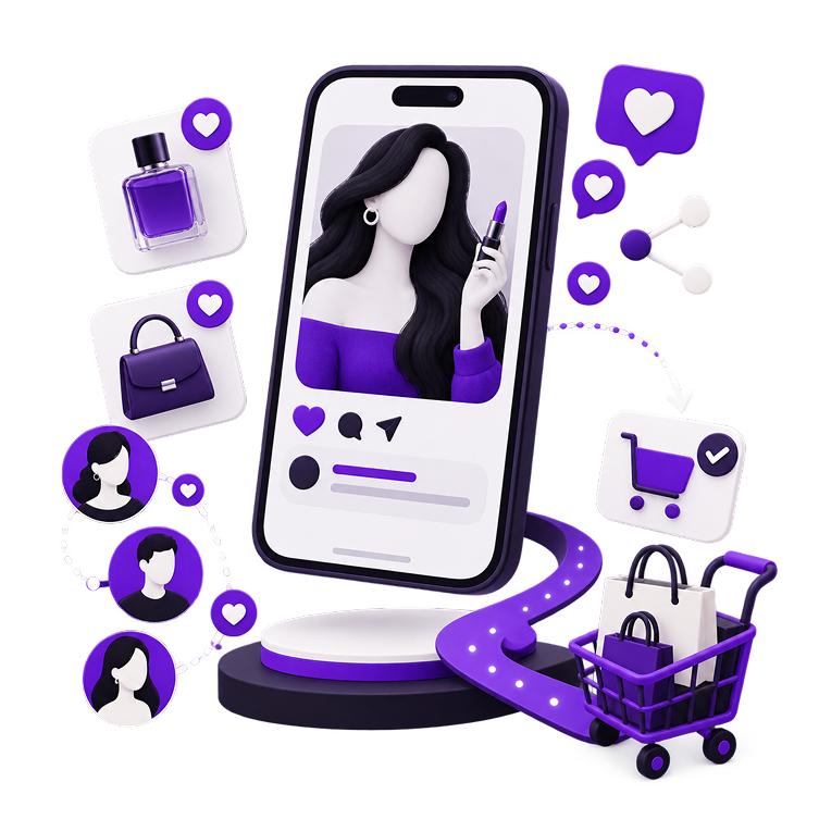 Ecommerce for Influencers - a phone showing a creator's post on a plinth, with product tiles for perfume and a handbag
