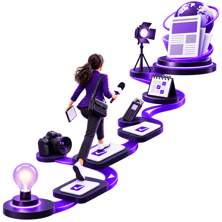 Ecommerce Side Income for Journalists - a reporter with a microphone and tablet climbing a winding path of checklist steps