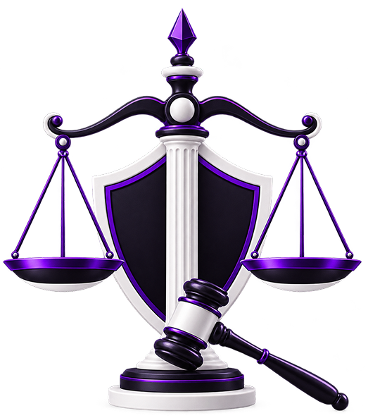 Passive Income for Lawyers - scales of justice in front of a shield, with a gavel resting at the base