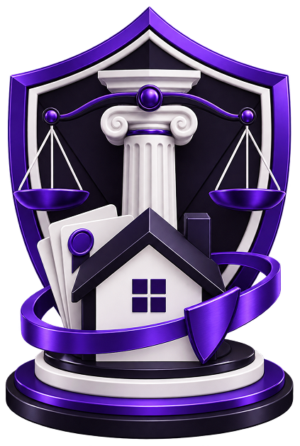 Passive Income for Lawyers - a shield holding scales of justice and a column, with case files
