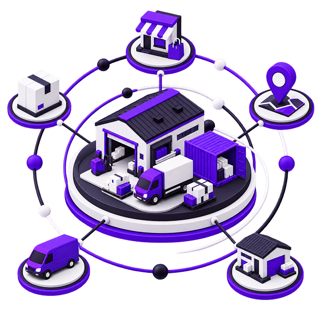 Ecommerce for Logistics Professionals - a warehouse on a plinth with a delivery truck and shipping container