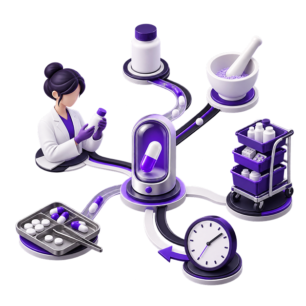 Side Hustle for Pharmacists - a pharmacist in a lab coat checking a medicine bottle, linked to a capsule dispenser