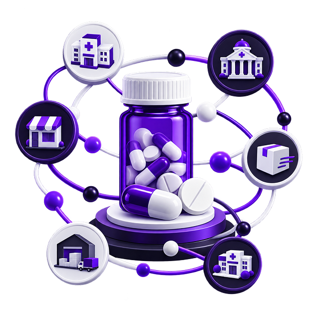 Side Hustle for Pharmacists - a pill bottle on a plinth, ringed by orbiting icons for a hospital, a clinic