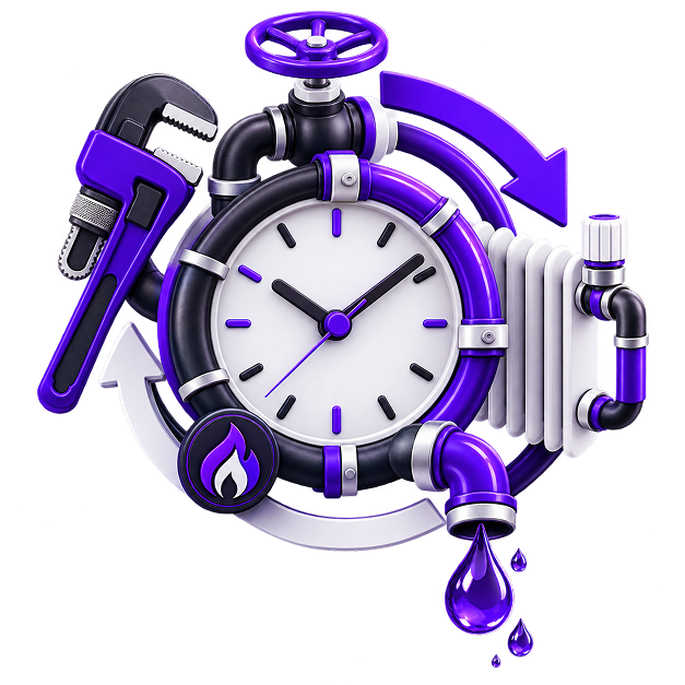 Ecommerce Side Business for Plumbers - a clock built from pipework, with a pipe wrench, a gas flame badge, a radiator