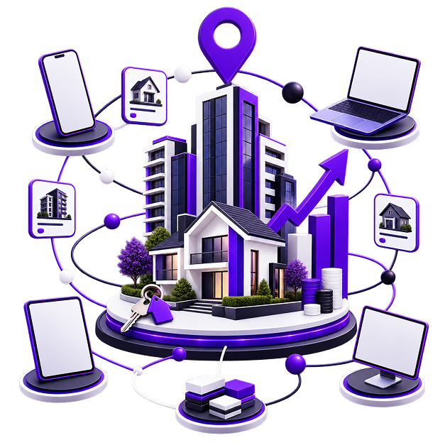 Passive Ecommerce Income for Real Estate Professionals - an apartment block and house on a plinth with a rising bar chart
