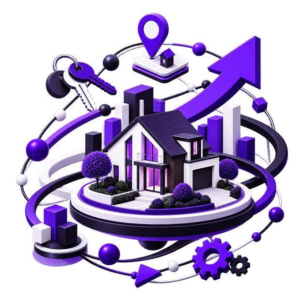 Passive Ecommerce Income for Real Estate Professionals - a house on a plinth encircled by orbit rings, with keys
