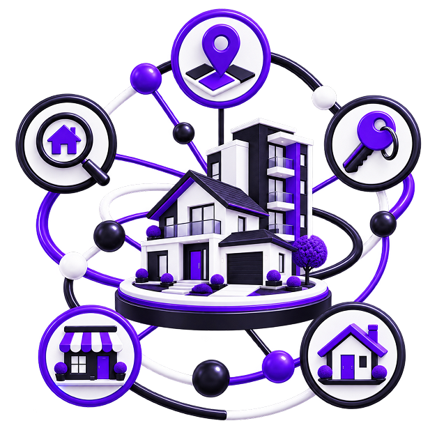 Passive Income for Realtors - a house and apartment block on a plinth, ringed by orbiting icons for a property search