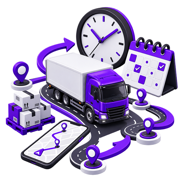 Side Business for Truck Drivers - a lorry on a road ringed by arrows, with a clock, a calendar, a pallet of boxes