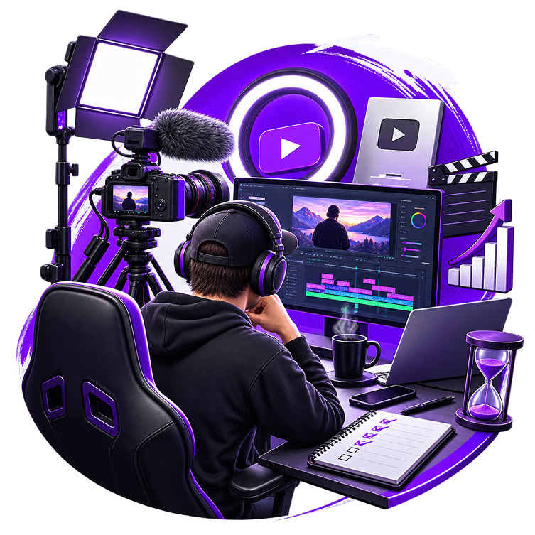 Youtuber Merch Store - a creator in headphones editing video at a monitor, with a camera on a tripod