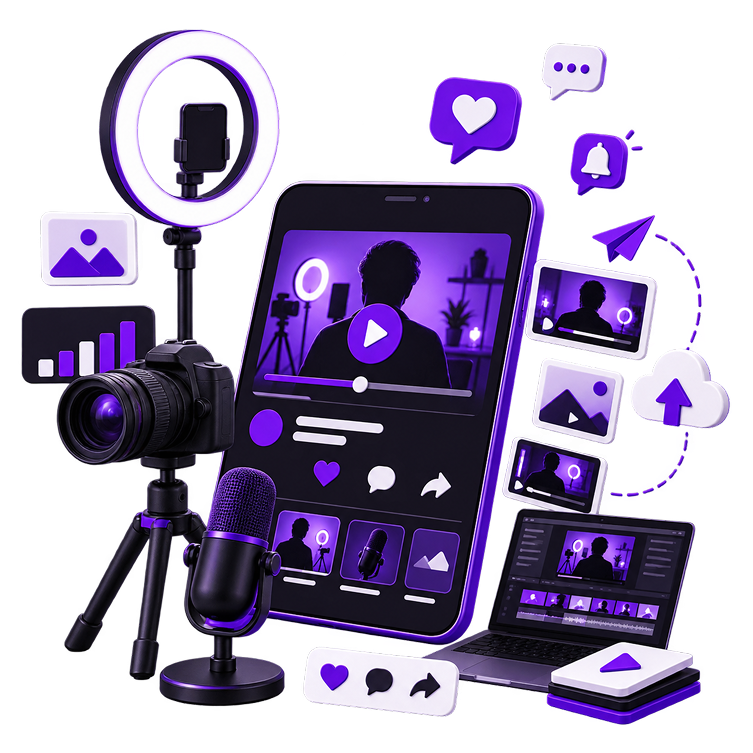 Youtuber Merch Store - a tablet playing a video on a plinth, with a ring light, a camera on a tripod