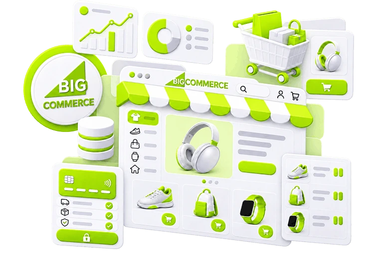 BigCommerce Store Development - a browser window showing a product grid under a striped awning with a headphones panel