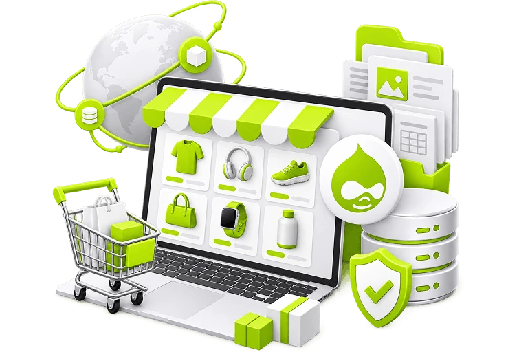 Drupal Ecommerce Store Development - a laptop showing a product grid under a striped awning