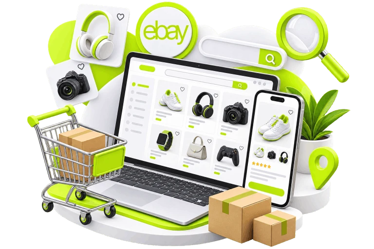 eBay Store Development - a laptop showing a search results grid of products with a search bar above it