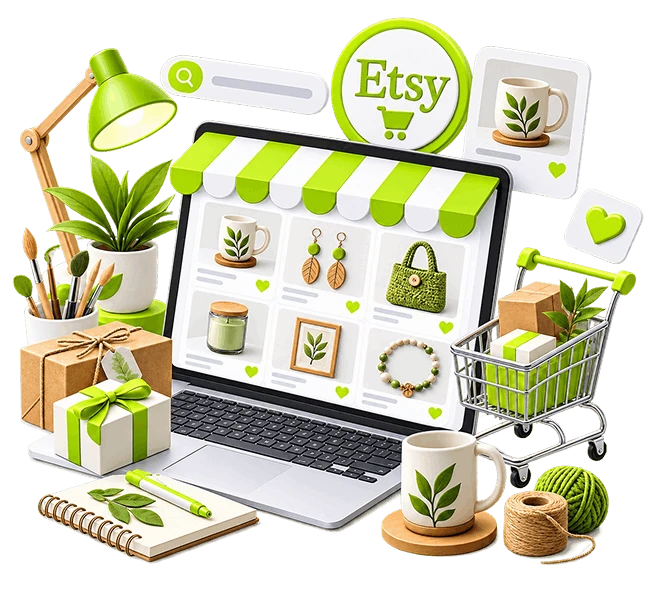 Etsy Store Development - a laptop showing a shop of mugs, earrings, candles and a crocheted bag under a striped awning