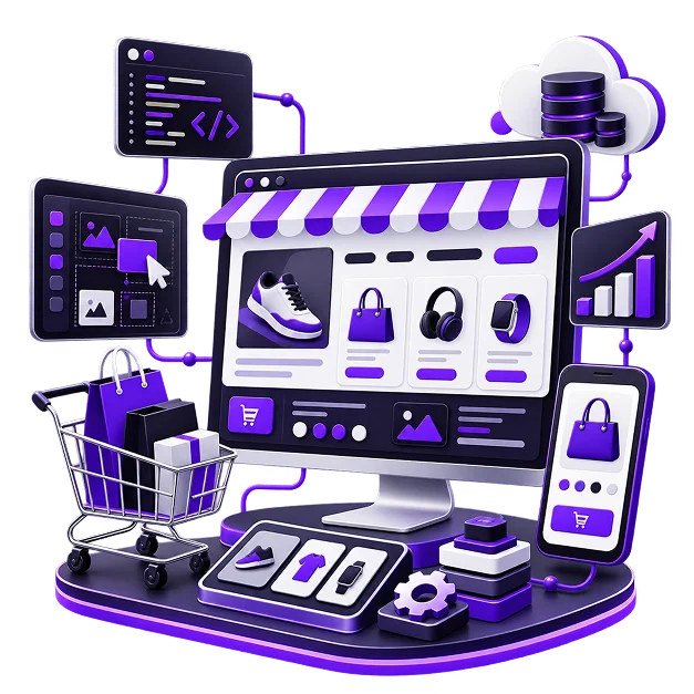 BigCommerce Store Development - a desktop storefront of trainers, bags and accessories under a striped awning