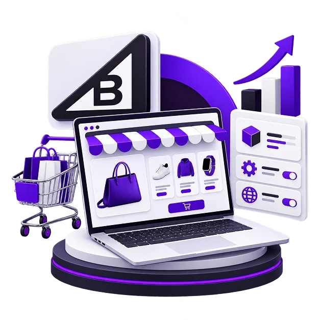 BigCommerce Store Development - a laptop on a plinth showing a product grid of a handbag, trainers, a hoodie and a watch