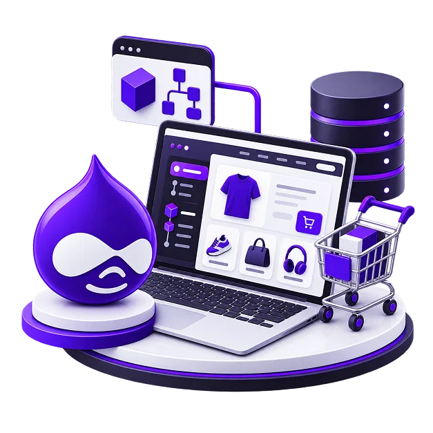 Drupal Ecommerce Store Development - a laptop on a plinth showing a product page with a filter sidebar