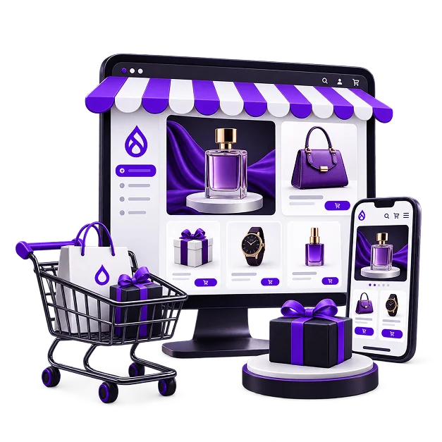 Drupal Ecommerce Store Development - a desktop screen under a striped awning showing a perfume hero and a product grid