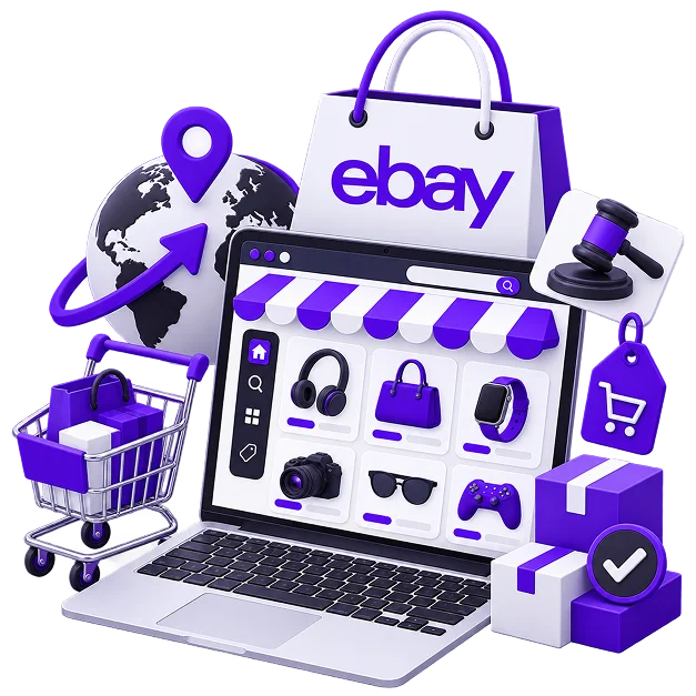 eBay Store Development - a laptop showing a listing grid of headphones, a handbag, a watch, a camera
