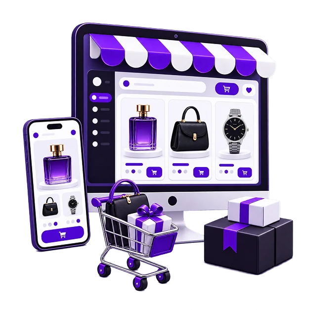 eBay Store Development - a desktop screen under a striped awning showing three listings - a perfume, a handbag and a watch