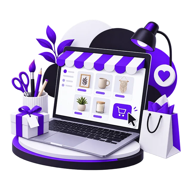 Etsy Store Development - a laptop on a plinth showing a grid of a framed print, a mug, a macrame hanging and a potted plant