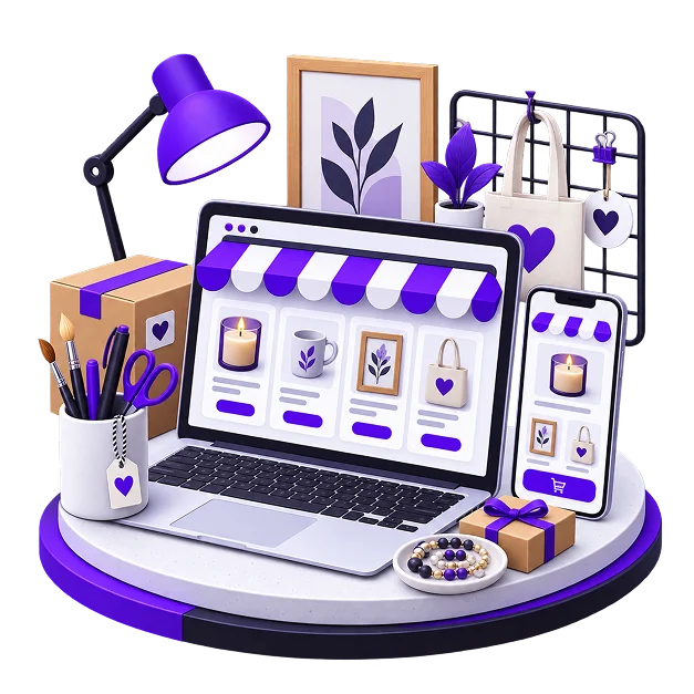 Etsy Store Development - a laptop showing a shop grid of a candle, a mug, a framed print and a tote
