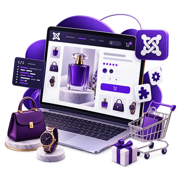 Joomla Ecommerce Store Development - a laptop showing a perfume product page with a gallery, rating