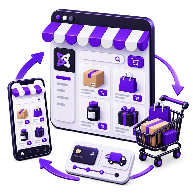 Joomla Ecommerce Store Development - a browser storefront under a striped awning carrying the Joomla mark and a product grid