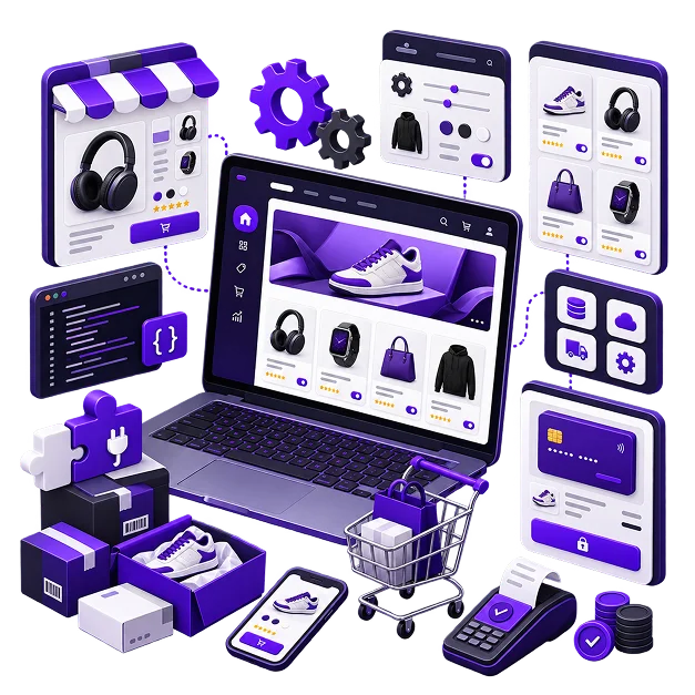 Magento Store Development - a laptop showing a product grid with a sidebar menu, linked to a product page and a category list