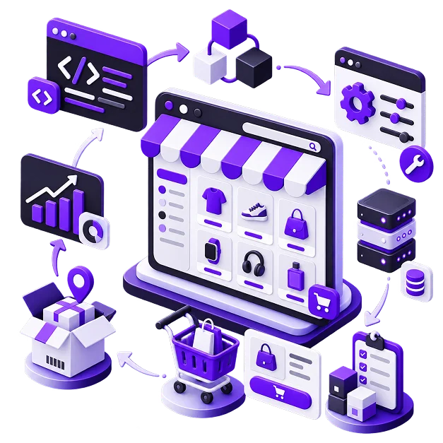 Magento Store Development - a browser storefront with a category sidebar and product grid under a striped awning