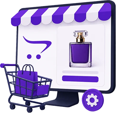OpenCart Ecommerce Store Development - a desktop screen under a striped awning showing the OpenCart mark