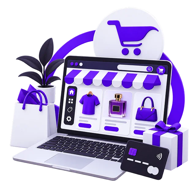 OpenCart Ecommerce Store Development - a laptop showing a product grid of a t-shirt, a perfume and a handbag