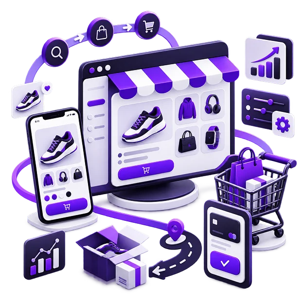 Shopify Store Development - a desktop storefront of trainers, a jacket, headphones and a watch under a striped awning
