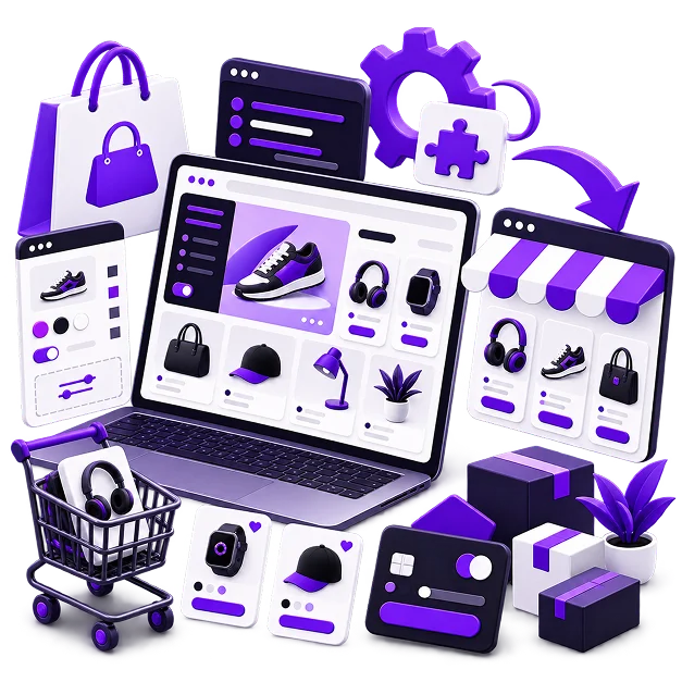 Shopify Store Development - a laptop showing a product grid, an editing panel and a theme window with a gear