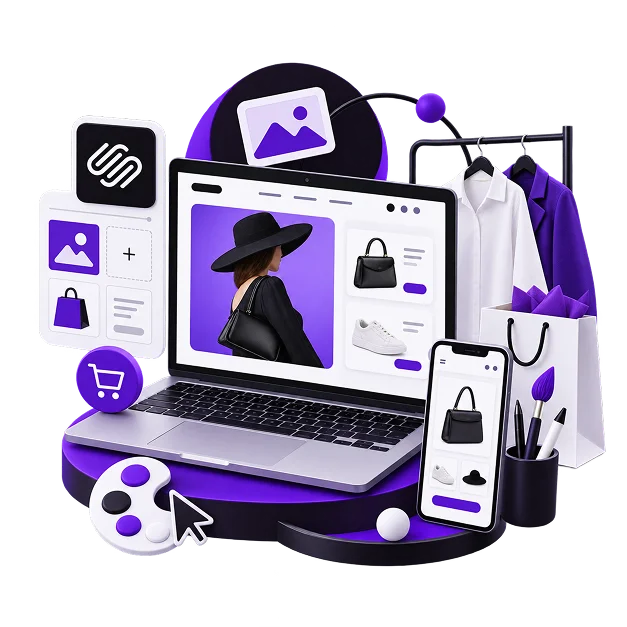 Squarespace Ecommerce Development - a laptop showing an editorial product page with a fashion photograph and a product list