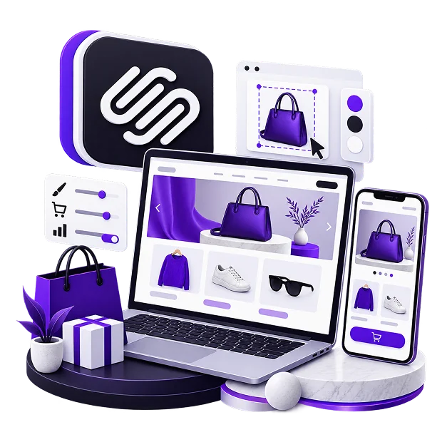 Squarespace Ecommerce Development - a laptop showing a handbag hero and a product row