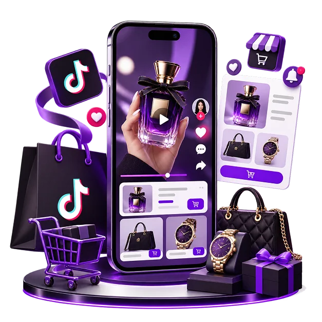 TikTok Shop Development - a phone playing a video of a hand holding a perfume bottle with like