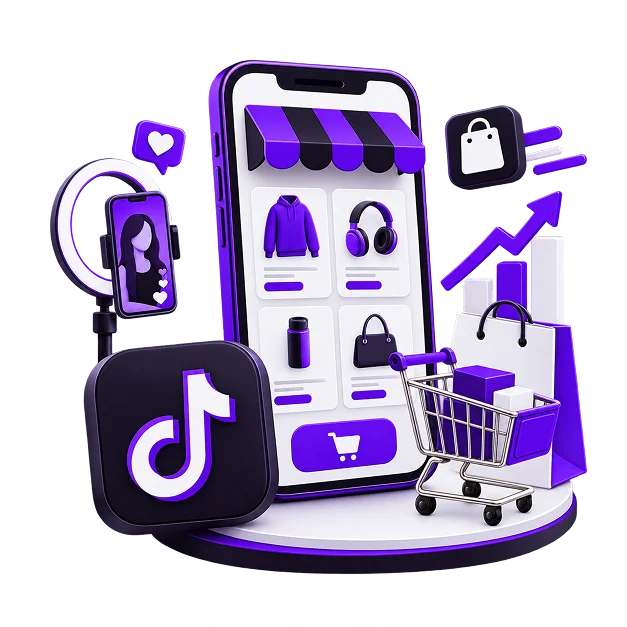 TikTok Shop Development - a phone showing a product grid of a hoodie, headphones, a bottle and a handbag
