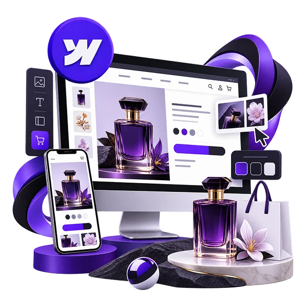 Webflow Ecommerce Store Development - a desktop screen showing a perfume product page with a gallery and colour swatches