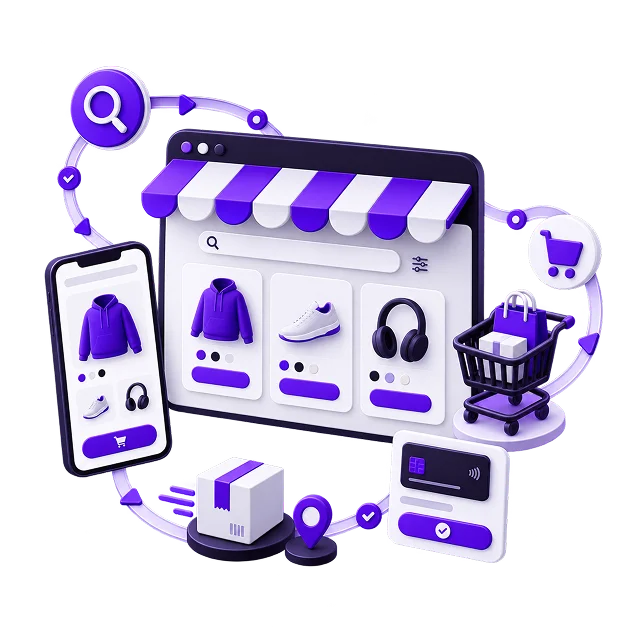 Webflow Ecommerce Store Development - a browser store grid of a hoodie, trainers and headphones under a striped awning