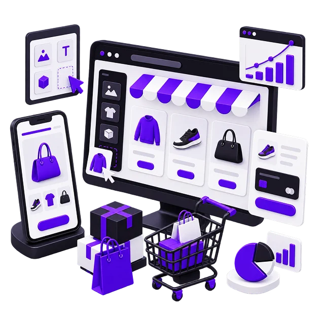 Wix Ecommerce Store Development - a desktop storefront grid of clothing and accessories under a striped awning