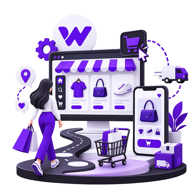 Wix Ecommerce Store Development - a shopper carrying shopping bags along a path toward a desktop store grid