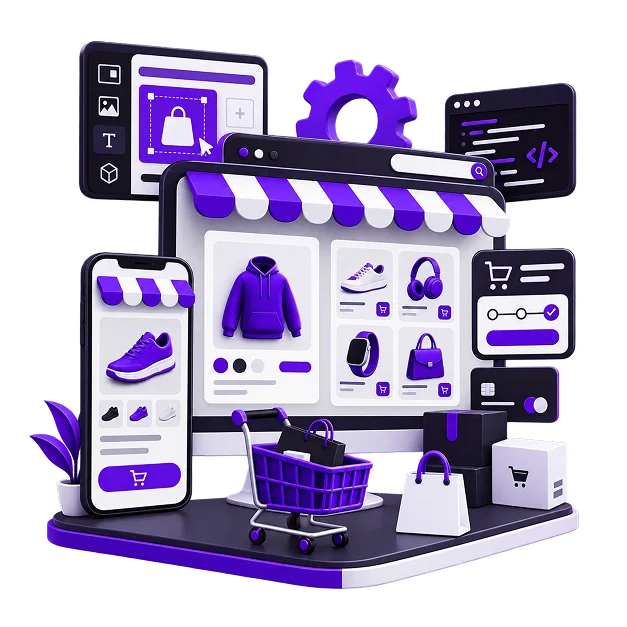 WooCommerce Store Development - a desktop storefront grid of clothing and accessories under a striped awning