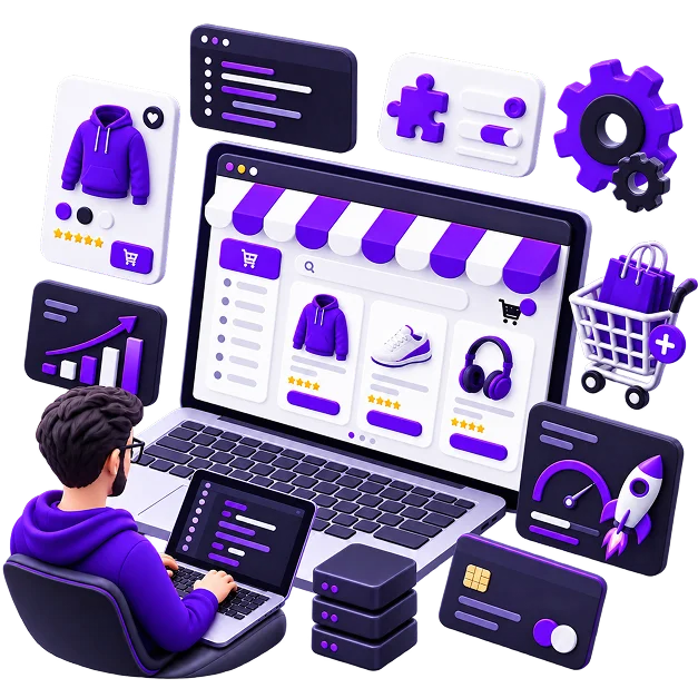 WooCommerce Store Development - a developer at a laptop on a product grid with review stars