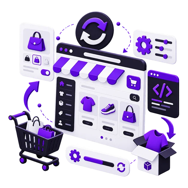 WordPress Ecommerce Store Development - a browser storefront with a category sidebar and product grid under a striped awning