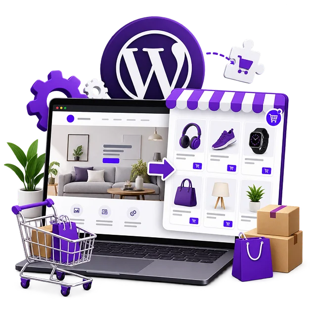WordPress Ecommerce Store Development - a laptop showing a content page beside a product grid under a striped awning