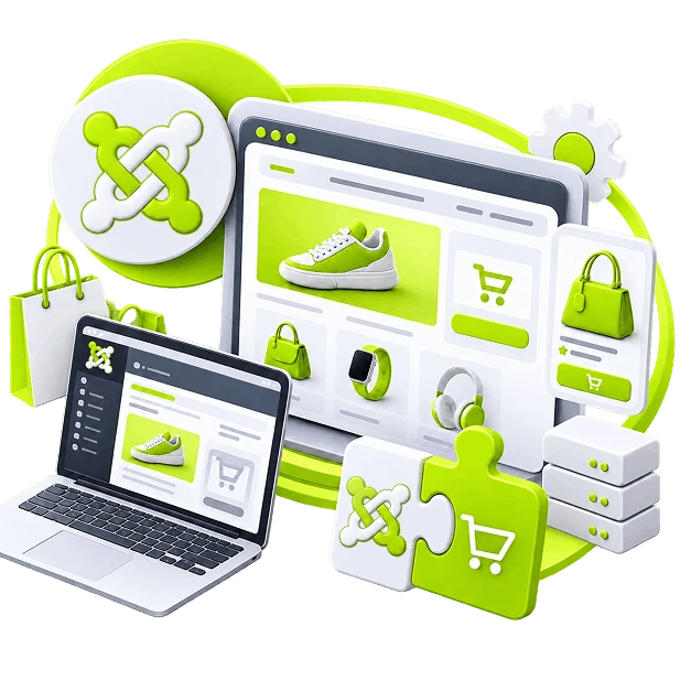 Joomla Ecommerce Store Development - a monitor showing a product page with the Joomla logo on a badge and a laptop