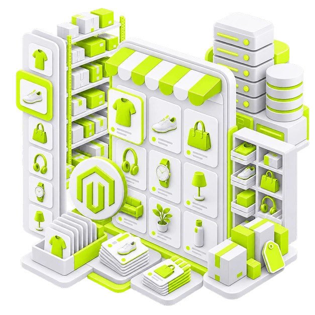 Magento Store Development - an isometric shop assembled from shelving units with product cards under a striped awning